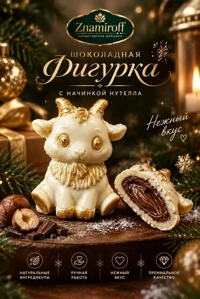  Шоколад фигурный "Мультяшный козлик" белый шоколад с начинкой нутелла(блок 5шт по 70г) в Когалыме