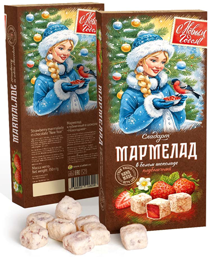 №1 Сладарт(11621) Мармелад Новогодний "Снегурочка" Клубничный в белом шоколаде, 150г   в Когалыме